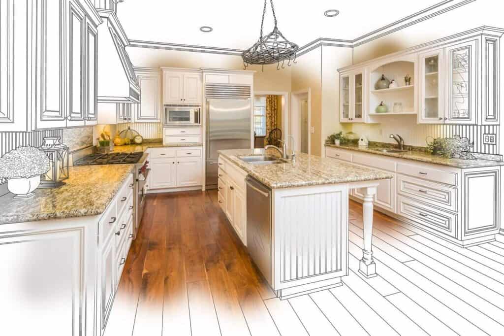 a kitchen with a drawing