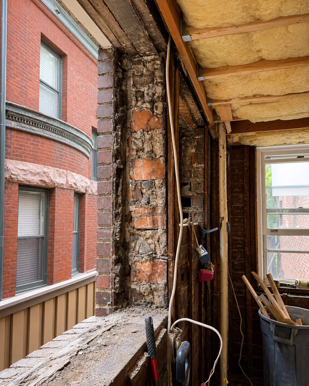 Exposed structural brick wall at demo beside neighboring brick building.
