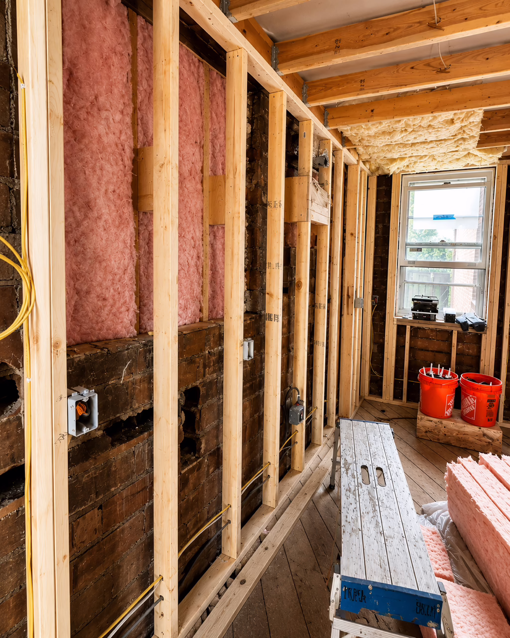 Construction interior with framed walls, pink insulation, window, ladder and supplies.