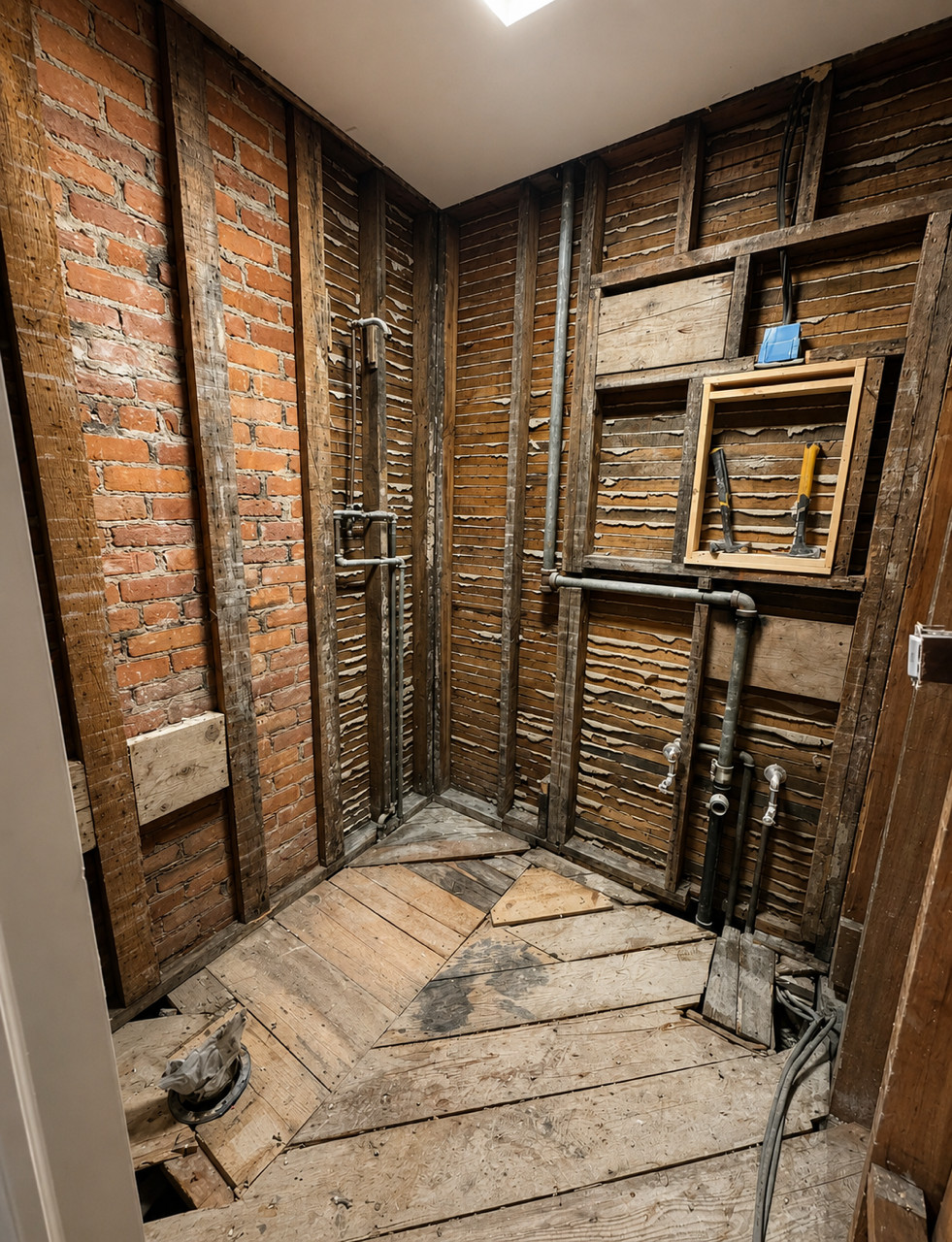 Bathroom stripped to studs with brick wall, galvanized pipes, exposed subfloor.