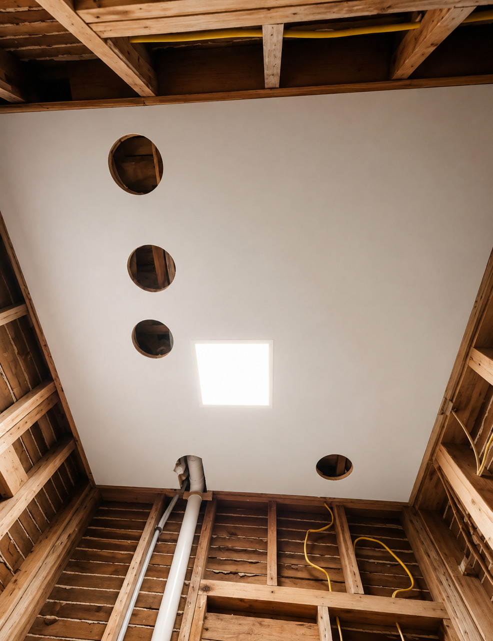 Intact white ceiling viewed from below with round electrical access holes cut.
