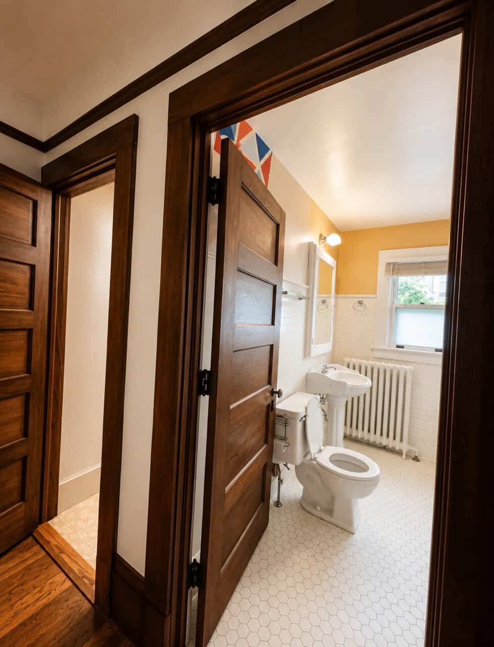 Interior view of a bathroom with wooden door and white fixtures by Prima Construction.