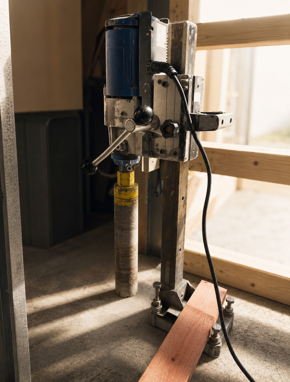 Blue core drill rig mounted on stand drilling into concrete floor.