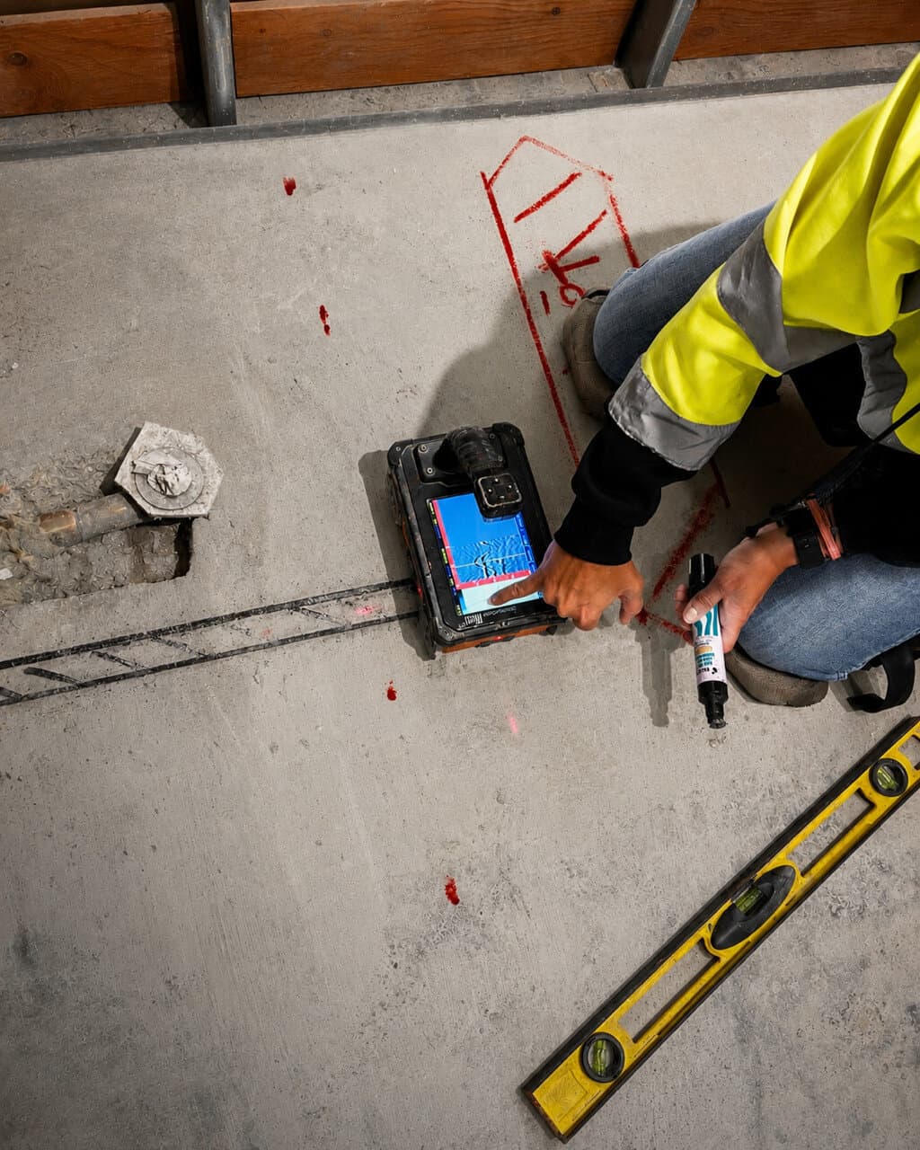 Worker in safety vest scanning concrete floor with handheld device, marking lines.