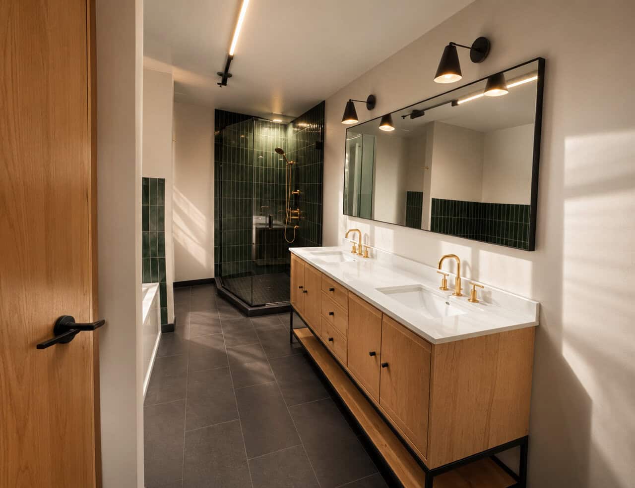 Elegant bathroom with dual sinks, large mirror, and walk-in shower by Prima Construction.