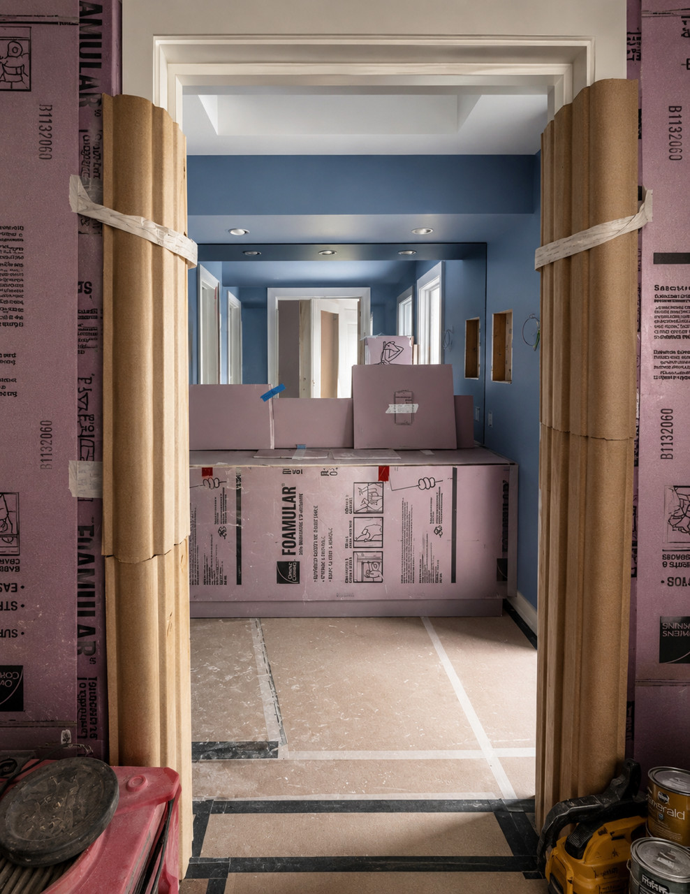 Doorway with rigid foam panels and taped cardboard column protectors.