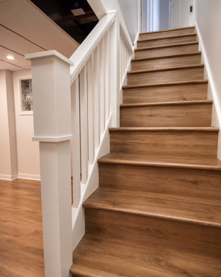 Modern wooden staircase with white railing by Prima Construction.