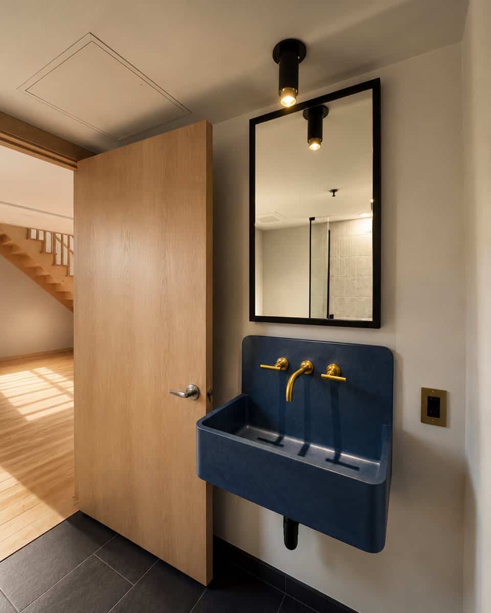 Blue wall-mounted sink with brass fixtures, black-framed mirror, wood door, stairs beyond.